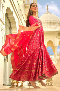 Pink Zari Embroidered Jacquard Flared Kurta with Tights and Dupatta Set