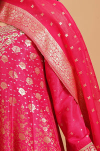 Pink Zari Embroidered Jacquard Flared Kurta with Tights and Dupatta Set