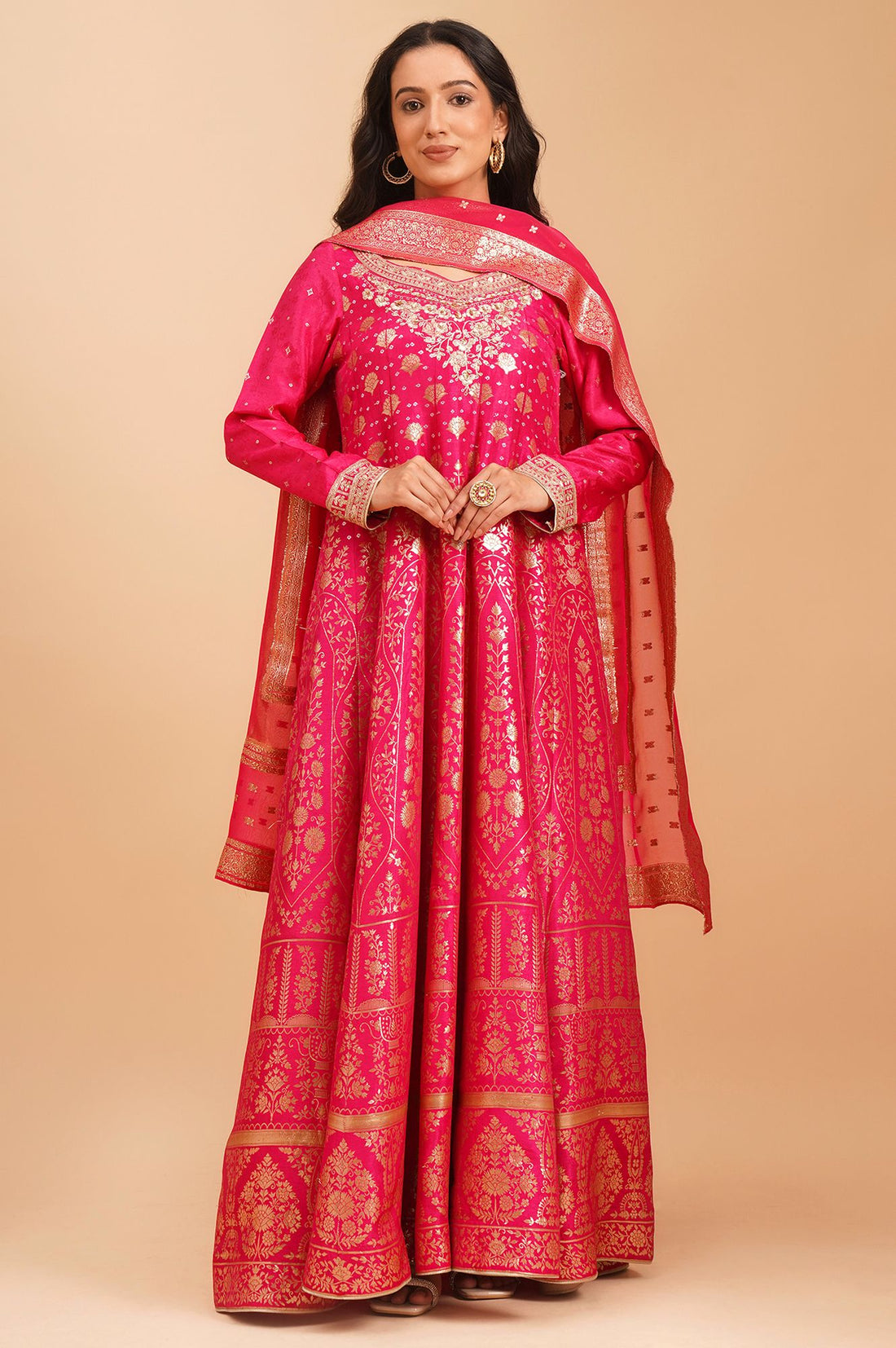 Pink Zari Embroidered Jacquard Flared Kurta with Tights and Dupatta Set