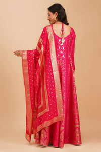 Pink Zari Embroidered Jacquard Flared Kurta with Tights and Dupatta Set