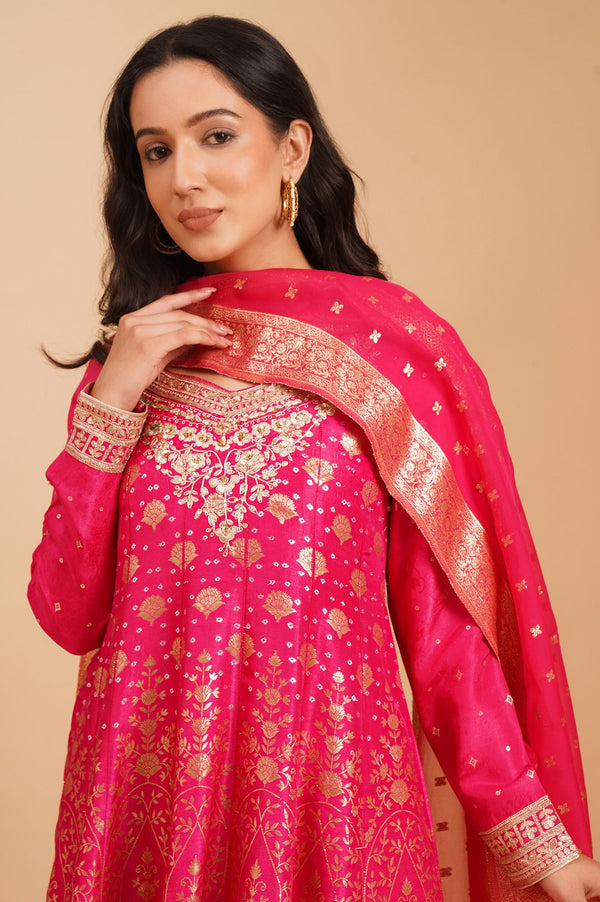 Pink Zari Embroidered Jacquard Flared Kurta with Tights and Dupatta Set