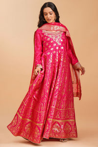 Pink Zari Embroidered Jacquard Flared Kurta with Tights and Dupatta Set