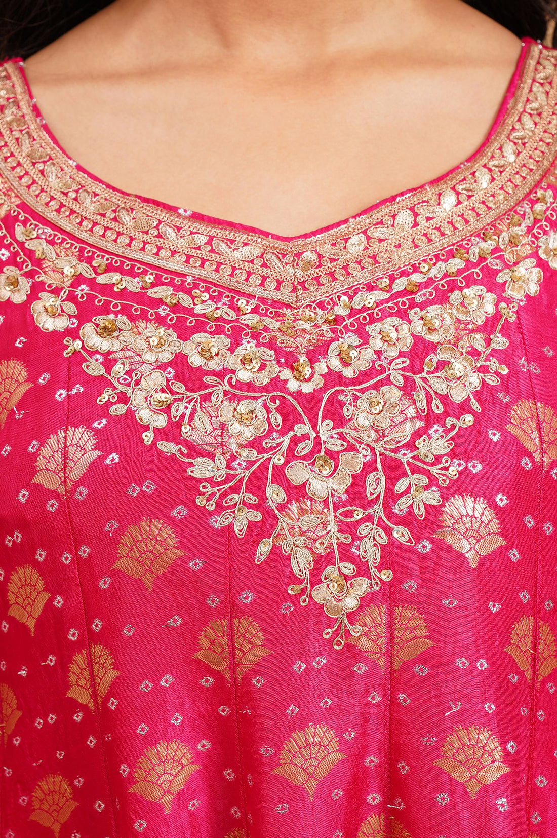 Pink Zari Embroidered Jacquard Flared Kurta with Tights and Dupatta Set