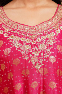 Pink Zari Embroidered Jacquard Flared Kurta with Tights and Dupatta Set