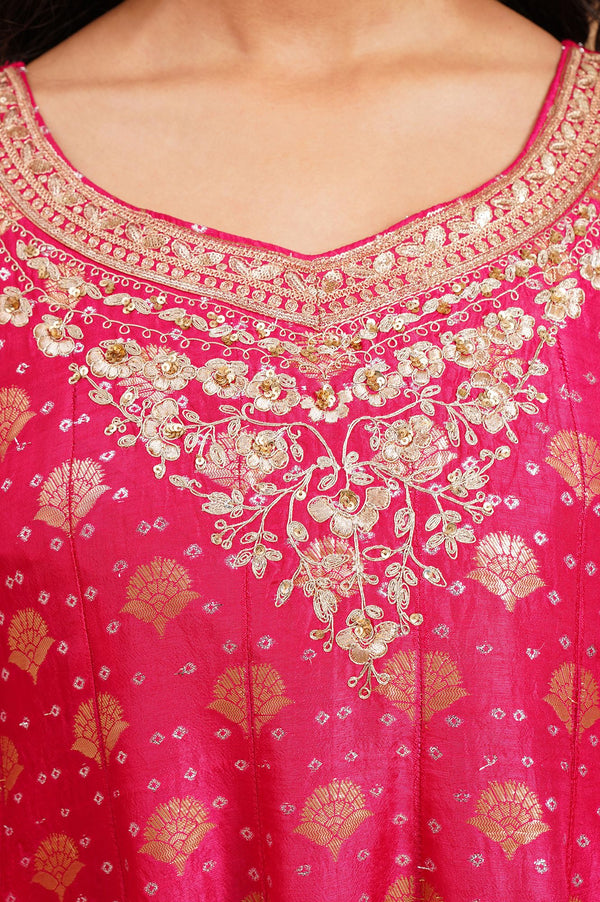 Pink Zari Embroidered Jacquard Flared Kurta with Tights and Dupatta Set