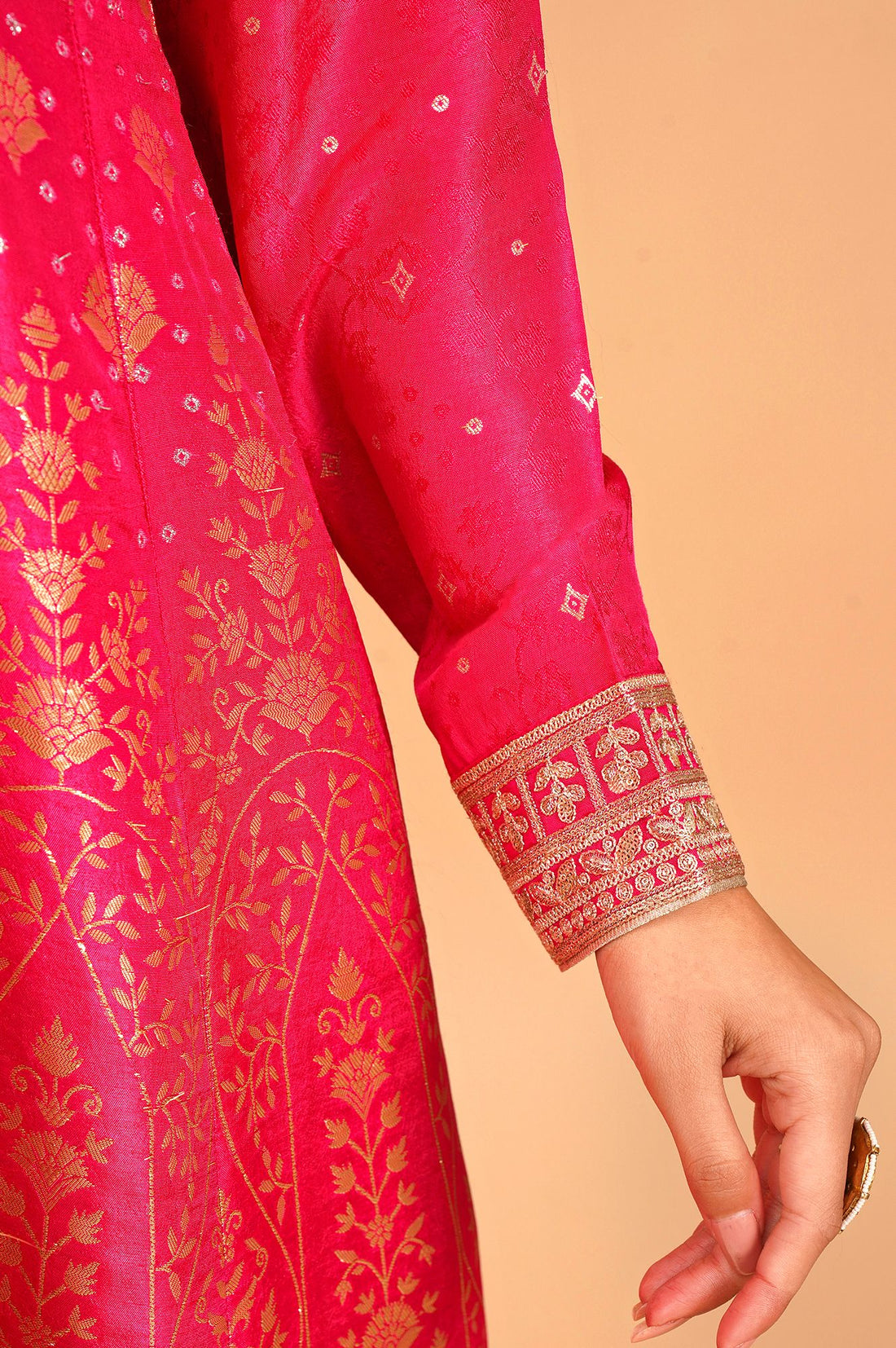 Pink Zari Embroidered Jacquard Flared Kurta with Tights and Dupatta Set