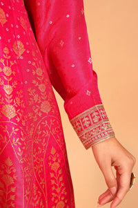 Pink Zari Embroidered Jacquard Flared Kurta with Tights and Dupatta Set