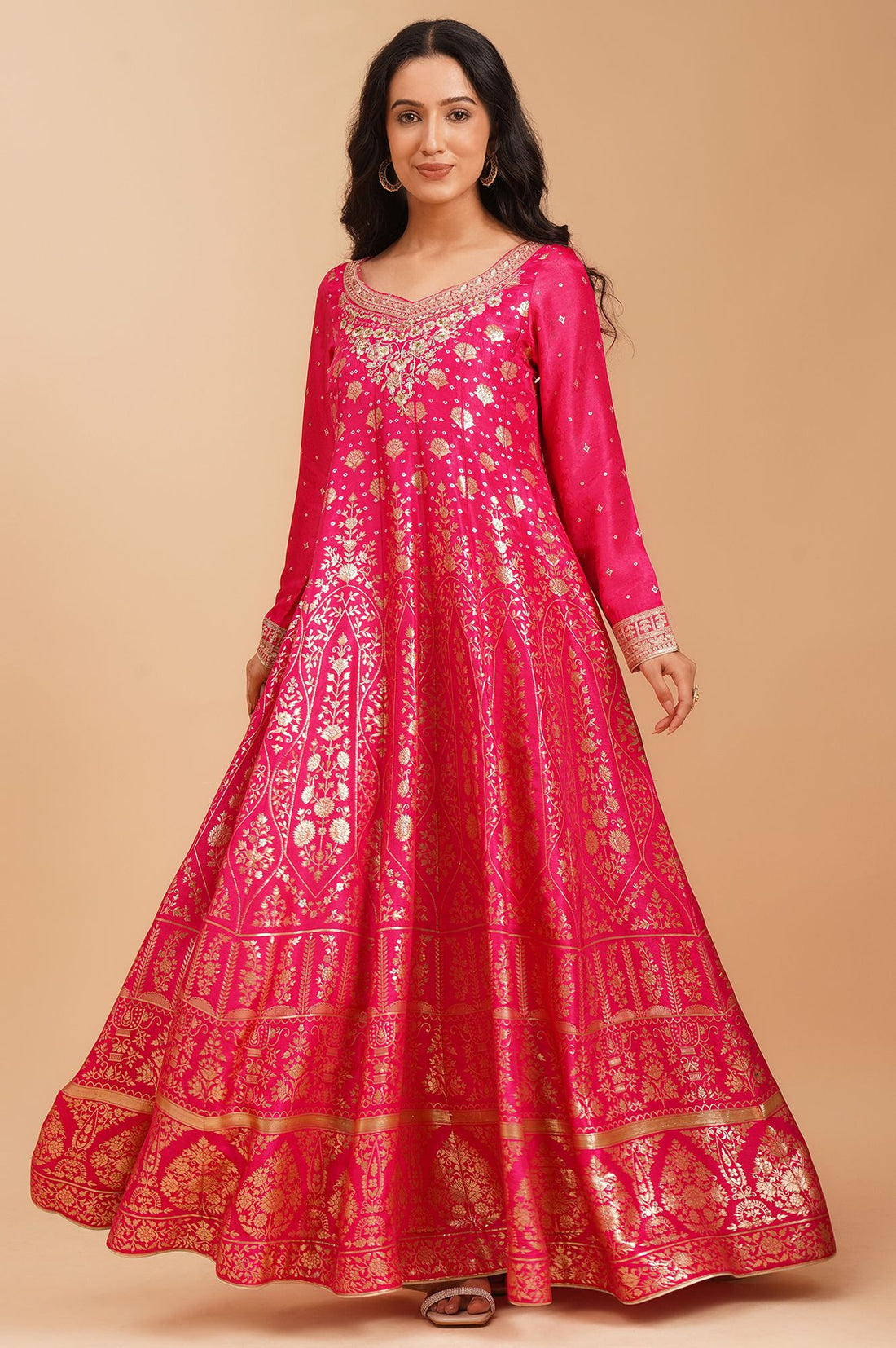 Pink Zari Embroidered Jacquard Flared Kurta with Tights and Dupatta Set