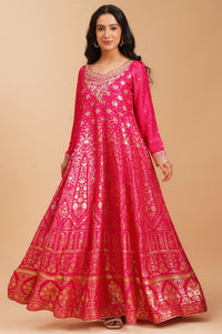Pink Zari Embroidered Jacquard Flared Kurta with Tights and Dupatta Set