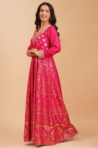 Pink Zari Embroidered Jacquard Flared Kurta with Tights and Dupatta Set
