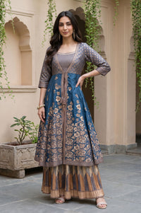 Blue Jacquard Woven Crop Top, Skirt &amp; Jacket Festive Set