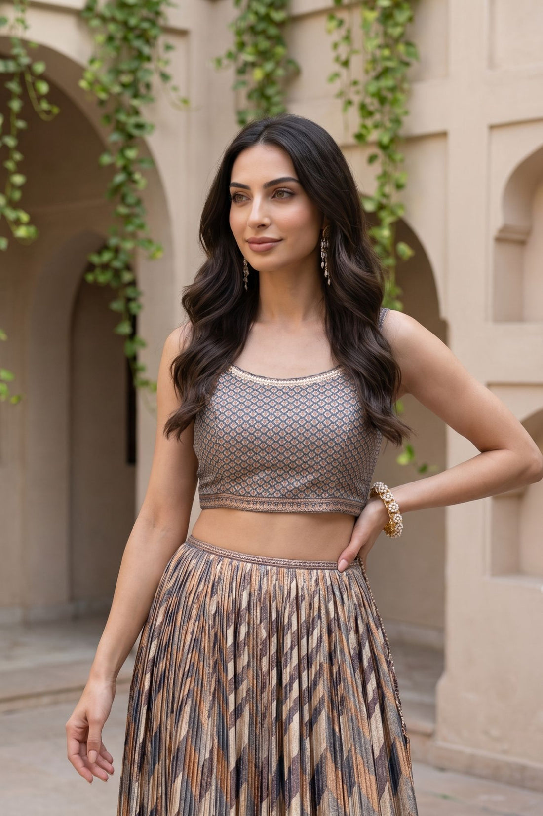 Blue Jacquard Woven Crop Top, Skirt &amp; Jacket Festive Set