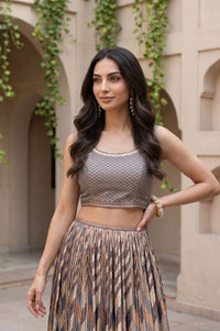 Blue Jacquard Woven Crop Top, Skirt &amp; Jacket Festive Set