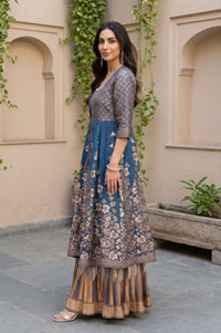Blue Jacquard Woven Crop Top, Skirt &amp; Jacket Festive Set