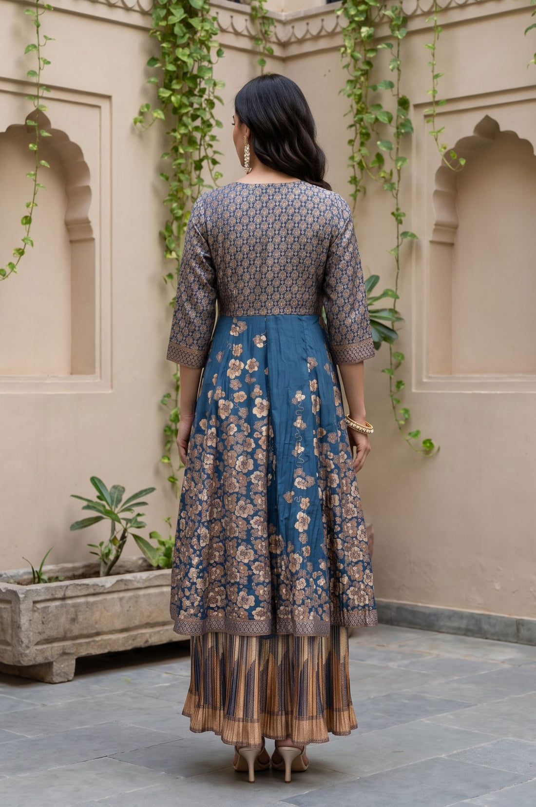 Blue Jacquard Woven Crop Top, Skirt &amp; Jacket Festive Set
