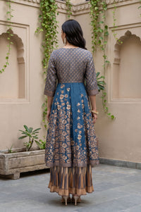 Blue Jacquard Woven Crop Top, Skirt &amp; Jacket Festive Set