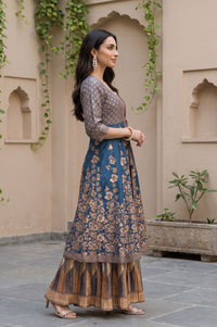 Blue Jacquard Woven Crop Top, Skirt &amp; Jacket Festive Set