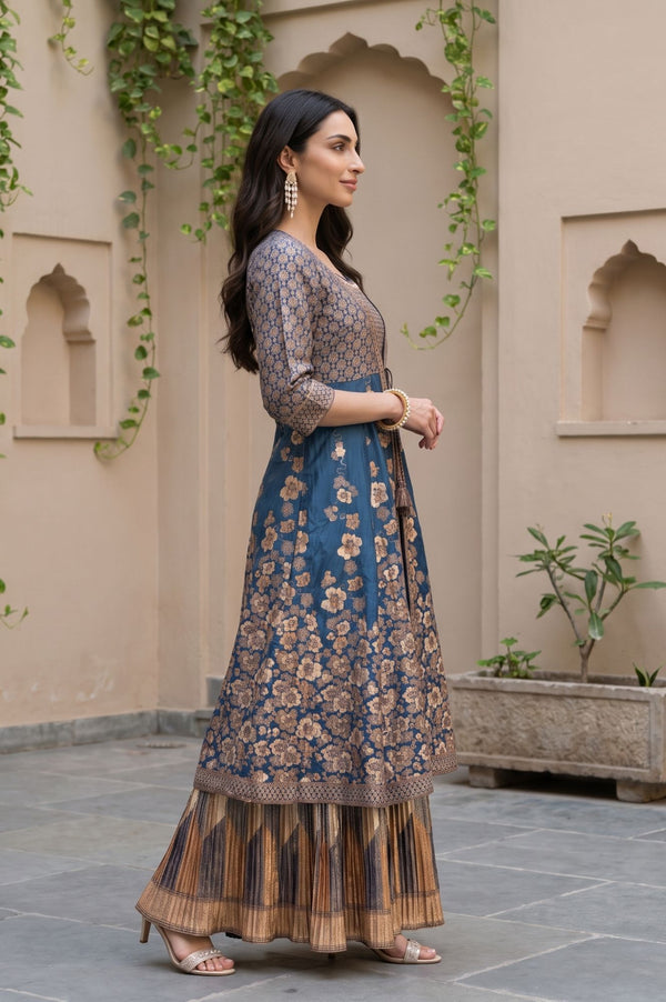 Blue Jacquard Woven Crop Top, Skirt & Jacket Festive Set
