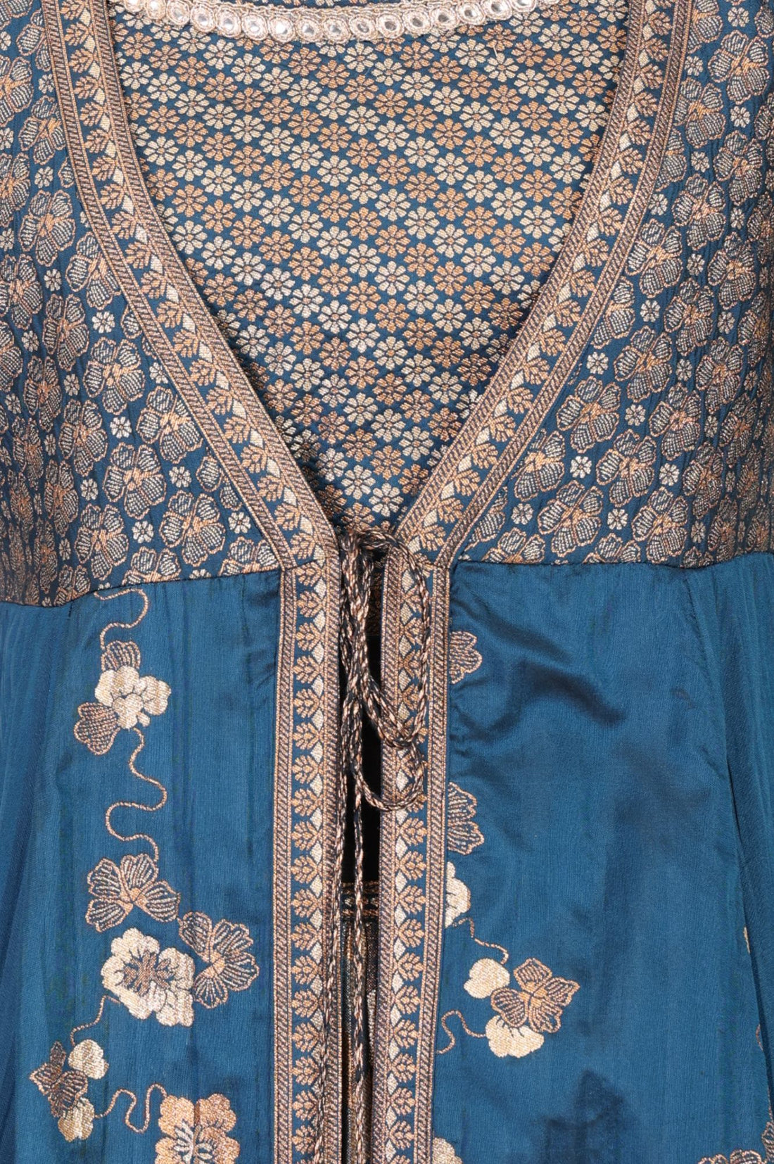 Blue Jacquard Woven Crop Top, Skirt &amp; Jacket Festive Set
