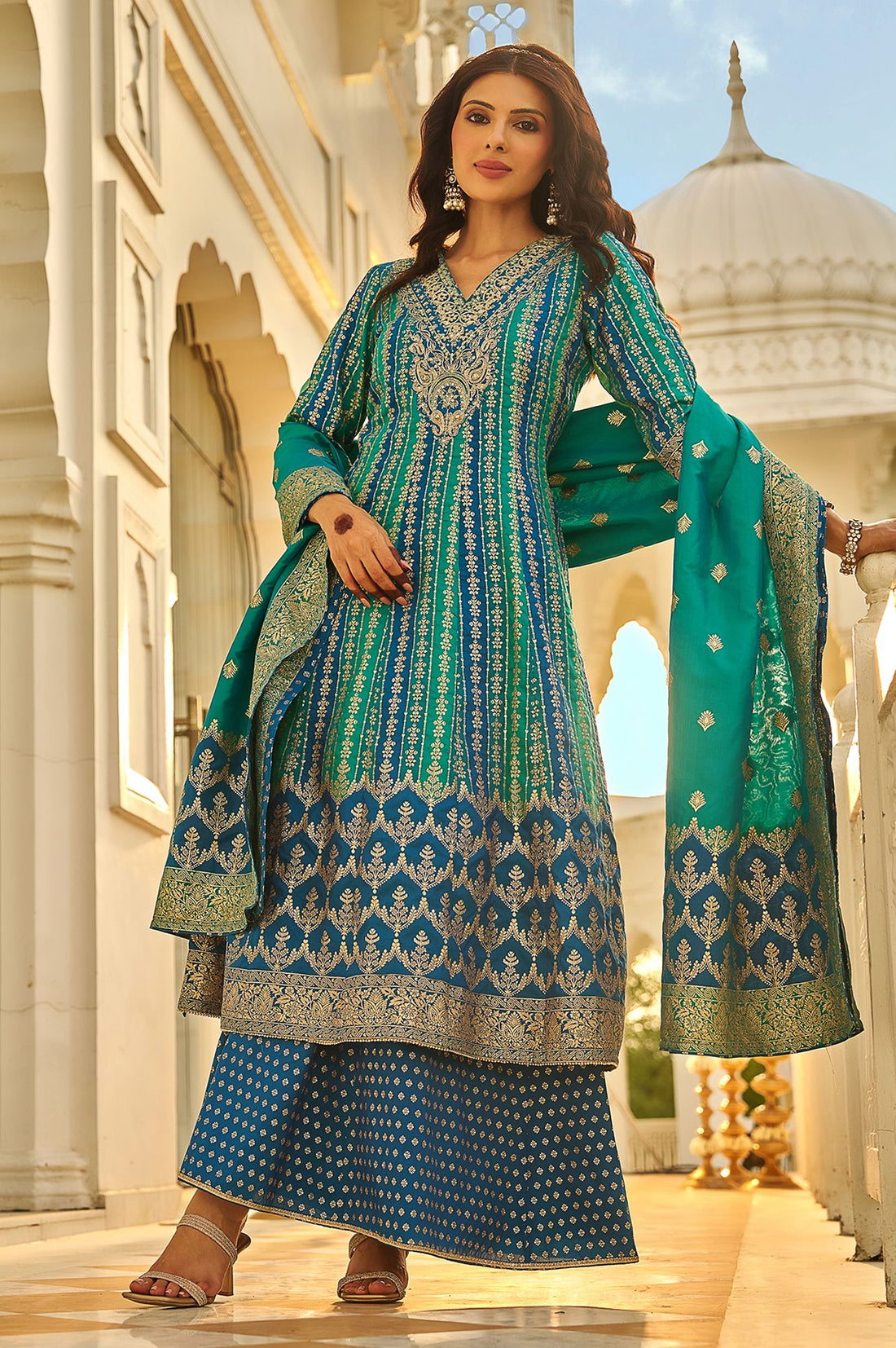 Peacock Blue Zari Embroidered Jacquard Flared Kurta with Palazzo and Dupatta Set