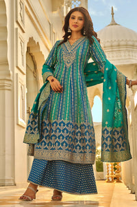 Peacock Blue Zari Embroidered Jacquard Flared Kurta with Palazzo and Dupatta Set