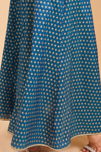 Peacock Blue Zari Embroidered Jacquard Flared Kurta with Palazzo and Dupatta Set