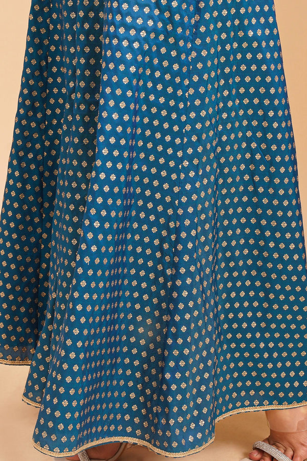 Peacock Blue Zari Embroidered Jacquard Flared Kurta with Palazzo and Dupatta Set