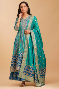 Peacock Blue Zari Embroidered Jacquard Flared Kurta with Palazzo and Dupatta Set
