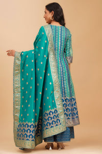 Peacock Blue Zari Embroidered Jacquard Flared Kurta with Palazzo and Dupatta Set