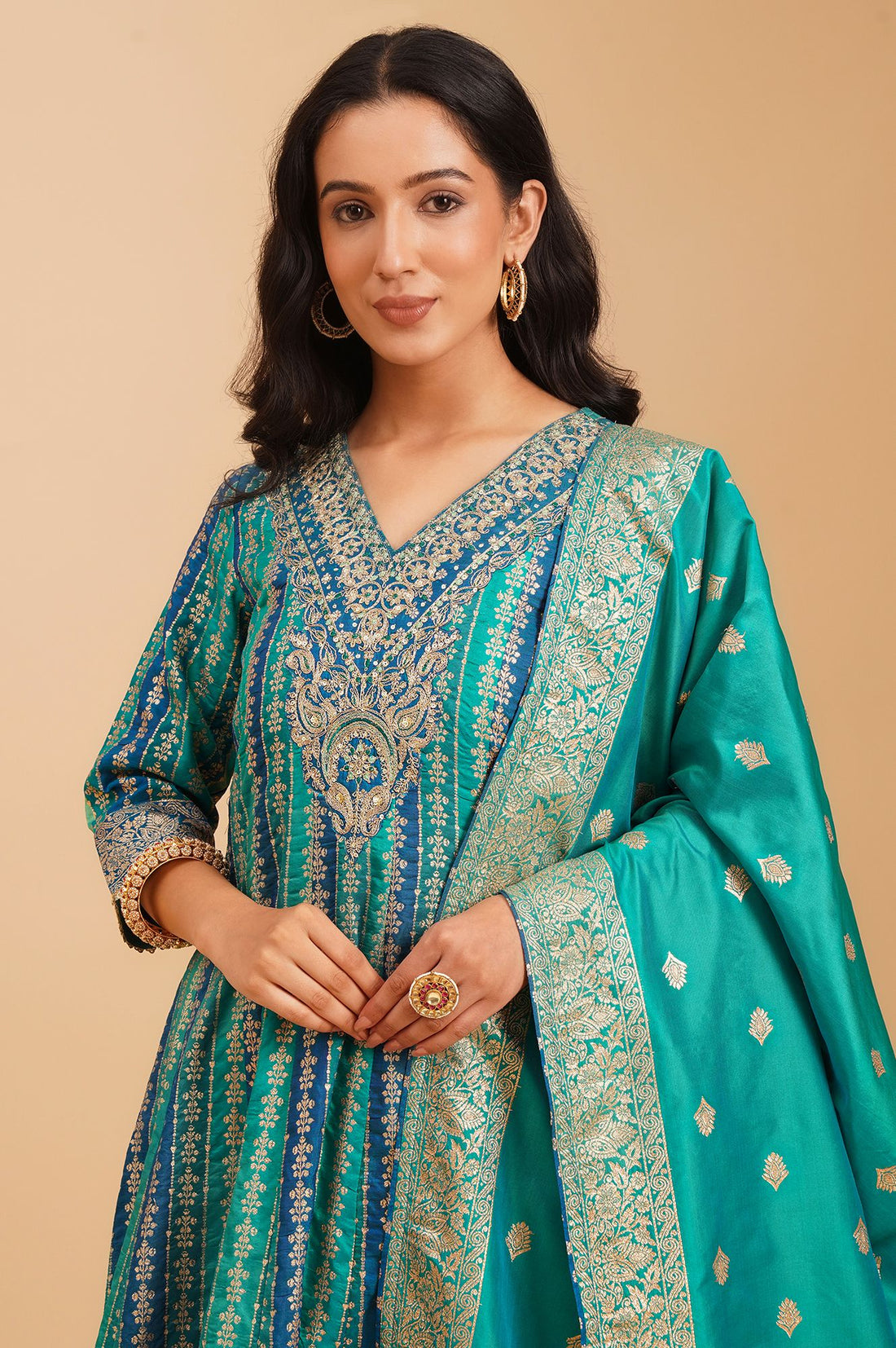 Peacock Blue Zari Embroidered Jacquard Flared Kurta with Palazzo and Dupatta Set