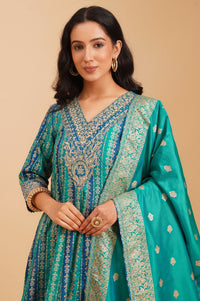 Peacock Blue Zari Embroidered Jacquard Flared Kurta with Palazzo and Dupatta Set
