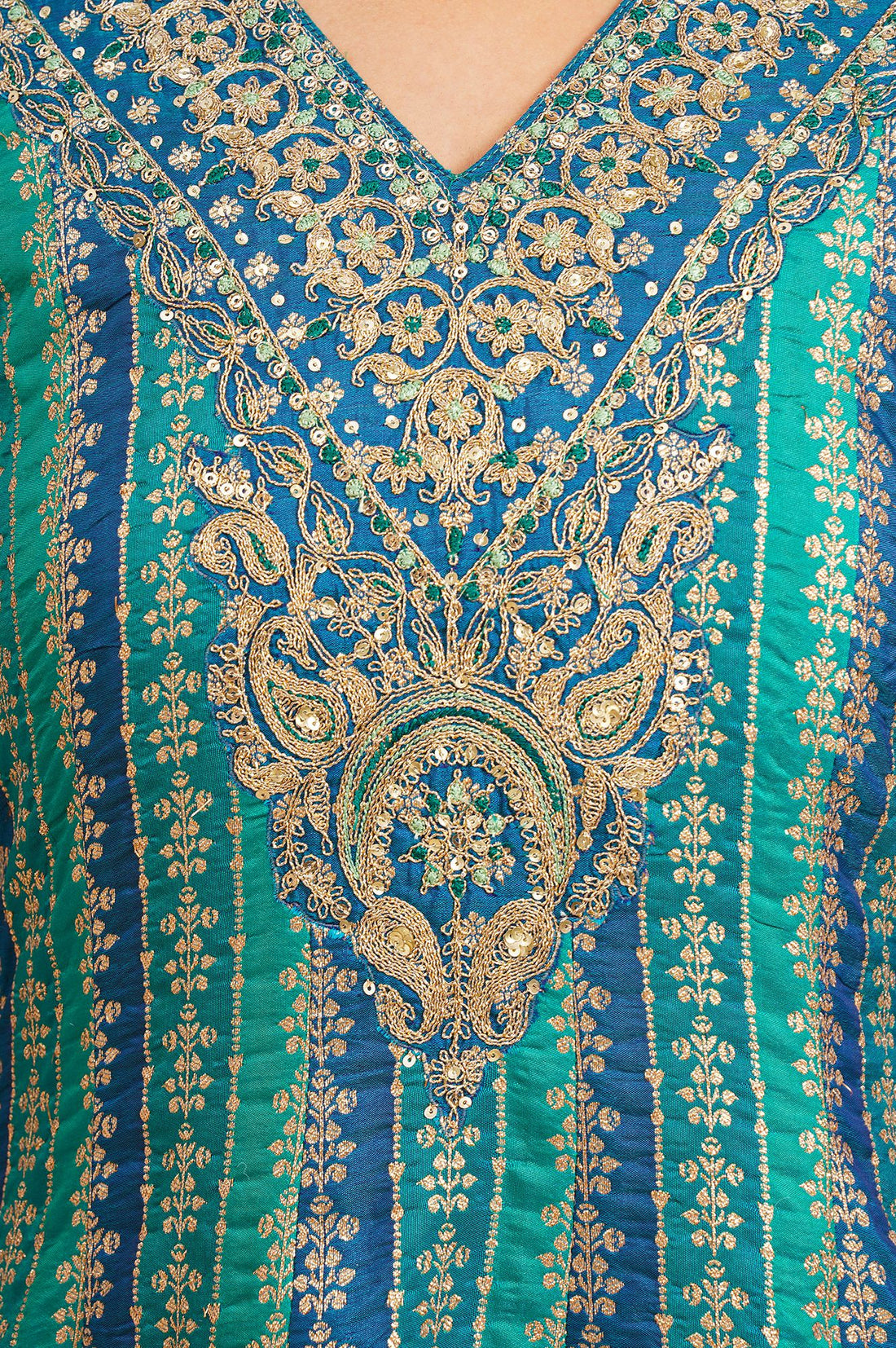 Peacock Blue Zari Embroidered Jacquard Flared Kurta with Palazzo and Dupatta Set
