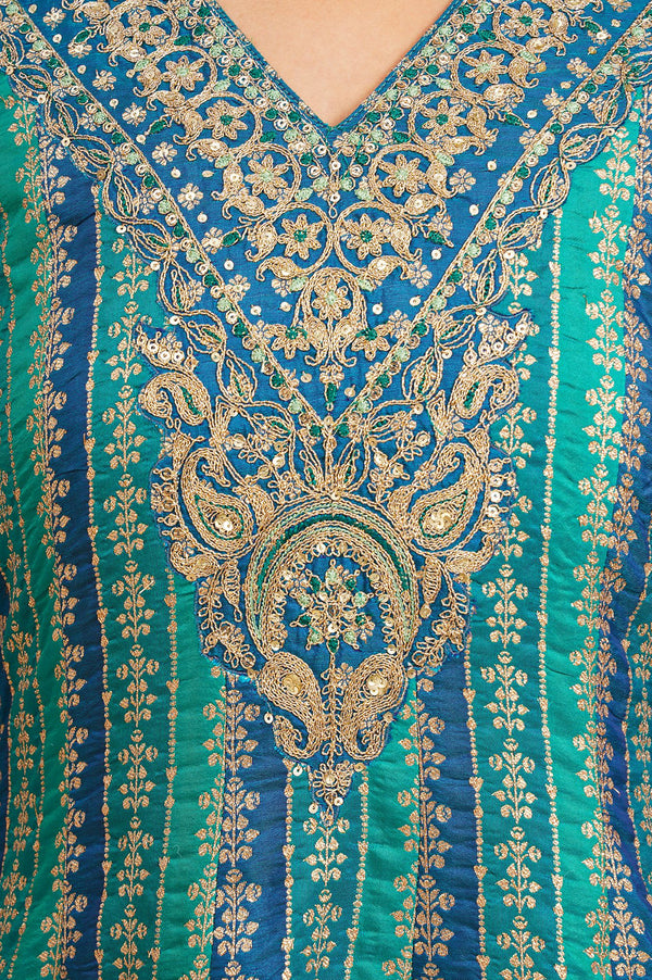 Peacock Blue Zari Embroidered Jacquard Flared Kurta with Palazzo and Dupatta Set