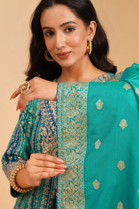 Peacock Blue Zari Embroidered Jacquard Flared Kurta with Palazzo and Dupatta Set