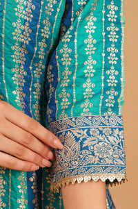 Peacock Blue Zari Embroidered Jacquard Flared Kurta with Palazzo and Dupatta Set