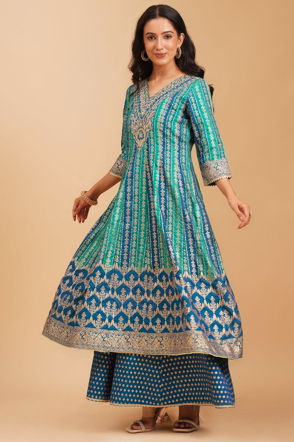 Peacock Blue Zari Embroidered Jacquard Flared Kurta with Palazzo and Dupatta Set