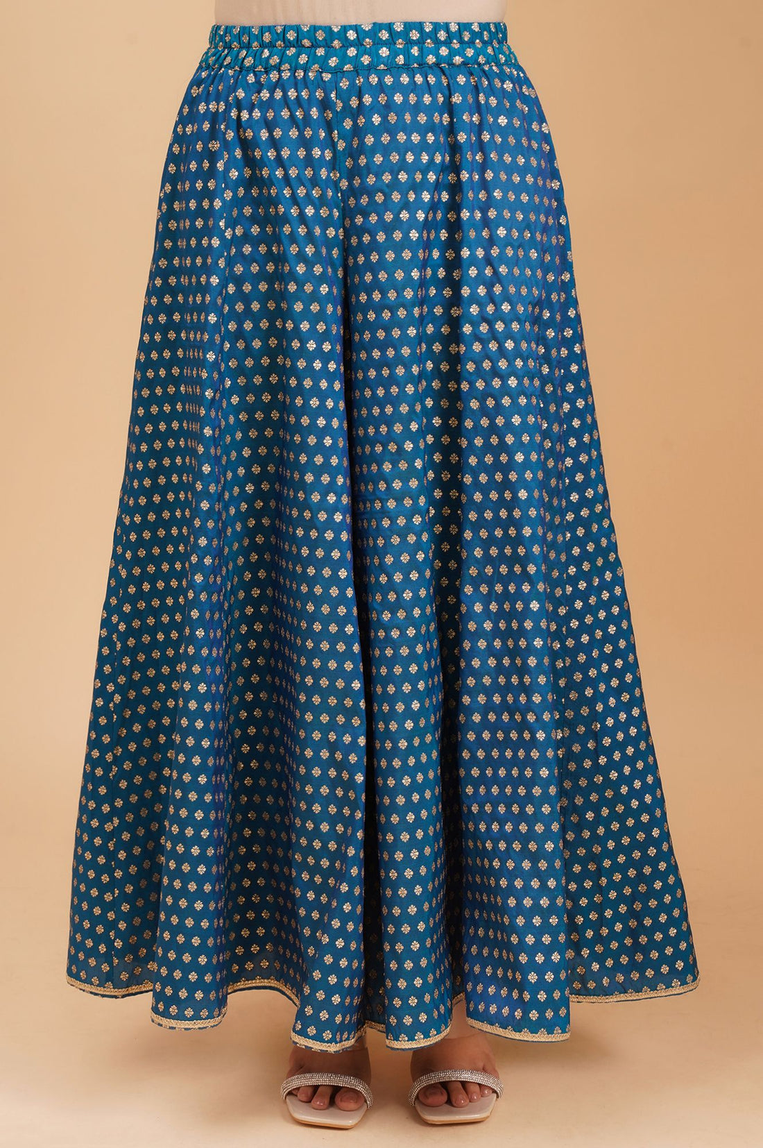 Peacock Blue Zari Embroidered Jacquard Flared Kurta with Palazzo and Dupatta Set