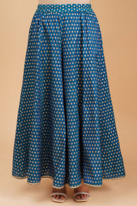 Peacock Blue Zari Embroidered Jacquard Flared Kurta with Palazzo and Dupatta Set