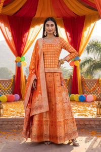 Orange Jacquard Woven Kurta with Skirt &amp; Dupatta Set