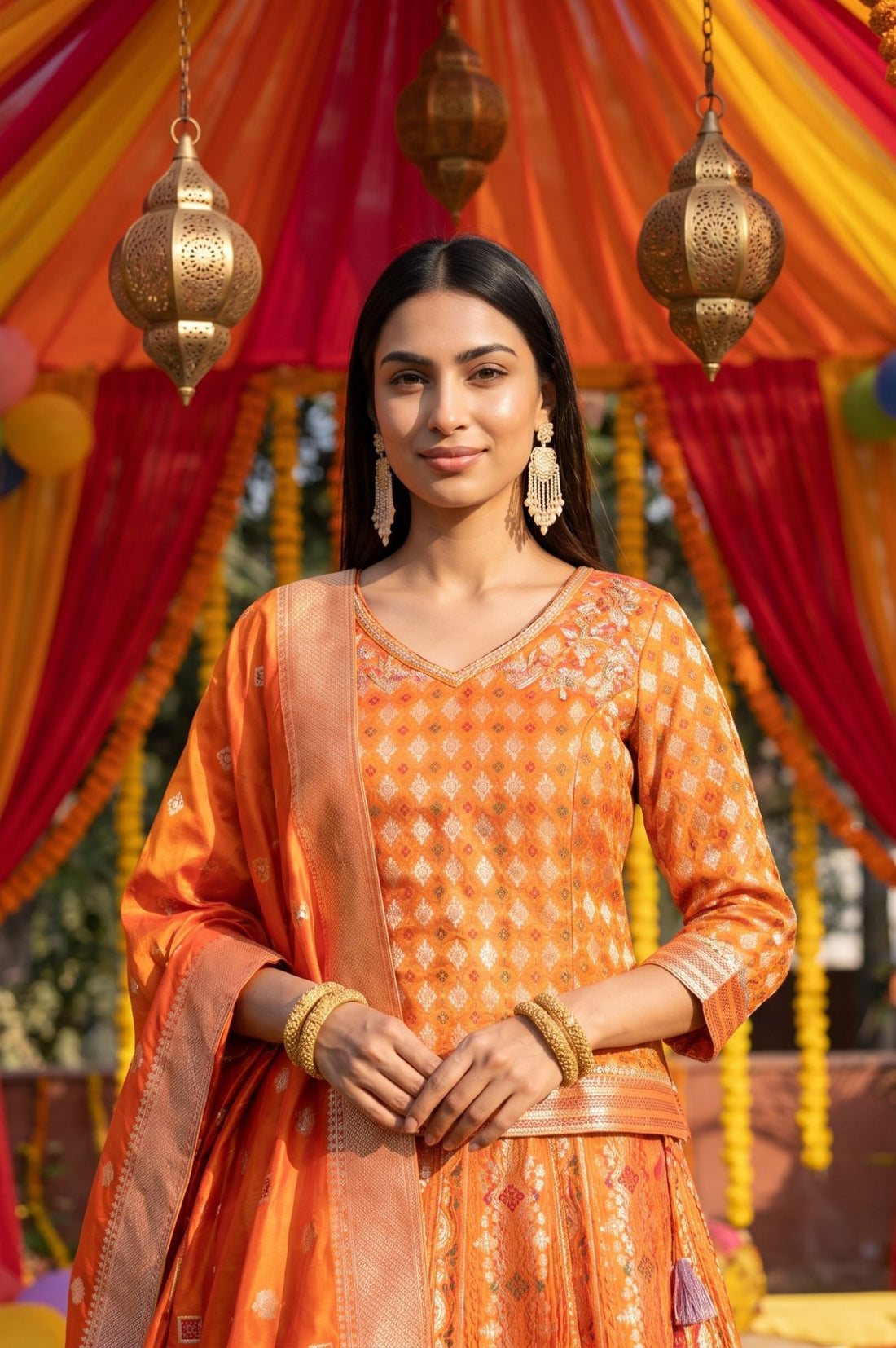 Orange Jacquard Woven Kurta with Skirt &amp; Dupatta Set
