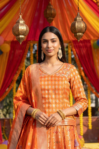 Orange Jacquard Woven Kurta with Skirt &amp; Dupatta Set