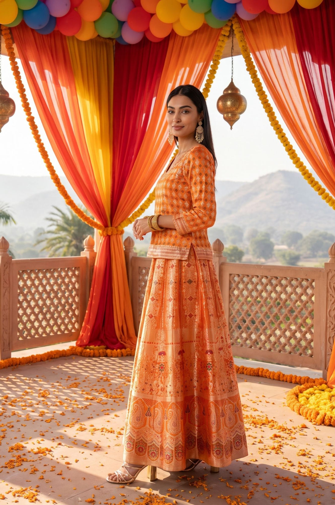 Orange Jacquard Woven Kurta with Skirt &amp; Dupatta Set