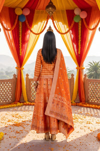 Orange Jacquard Woven Kurta with Skirt &amp; Dupatta Set