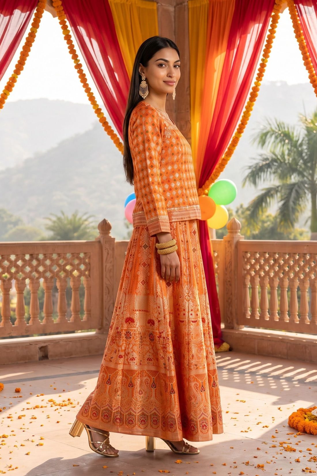 Orange Jacquard Woven Kurta with Skirt &amp; Dupatta Set