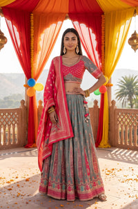 Grey Jacquard Woven Ethnic Motifs Zari Work Blouse, Skirt &amp; Dupatta Set