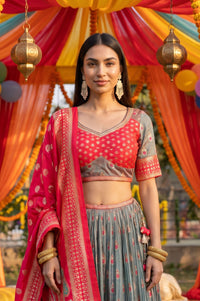 Grey Jacquard Woven Ethnic Motifs Zari Work Blouse, Skirt &amp; Dupatta Set