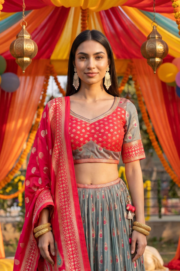 Grey Jacquard Woven Ethnic Motifs Zari Work Blouse, Skirt & Dupatta Set
