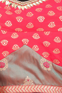 Grey Jacquard Woven Ethnic Motifs Zari Work Blouse, Skirt &amp; Dupatta Set