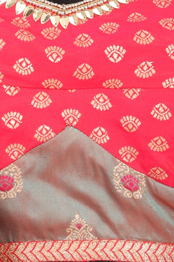 Grey Jacquard Woven Ethnic Motifs Zari Work Blouse, Skirt & Dupatta Set
