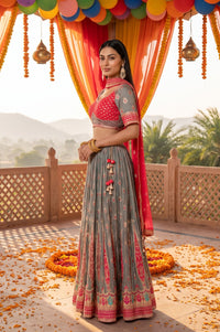 Grey Jacquard Woven Ethnic Motifs Zari Work Blouse, Skirt &amp; Dupatta Set